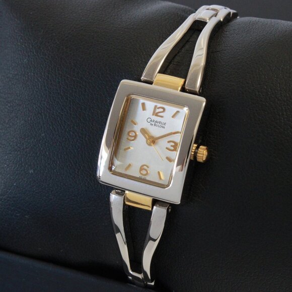 Caravelle Ladies Silver Tone With Gold Accents ½ Bangle Bracelet MOP Dial 16mm - Picture 4 of 15